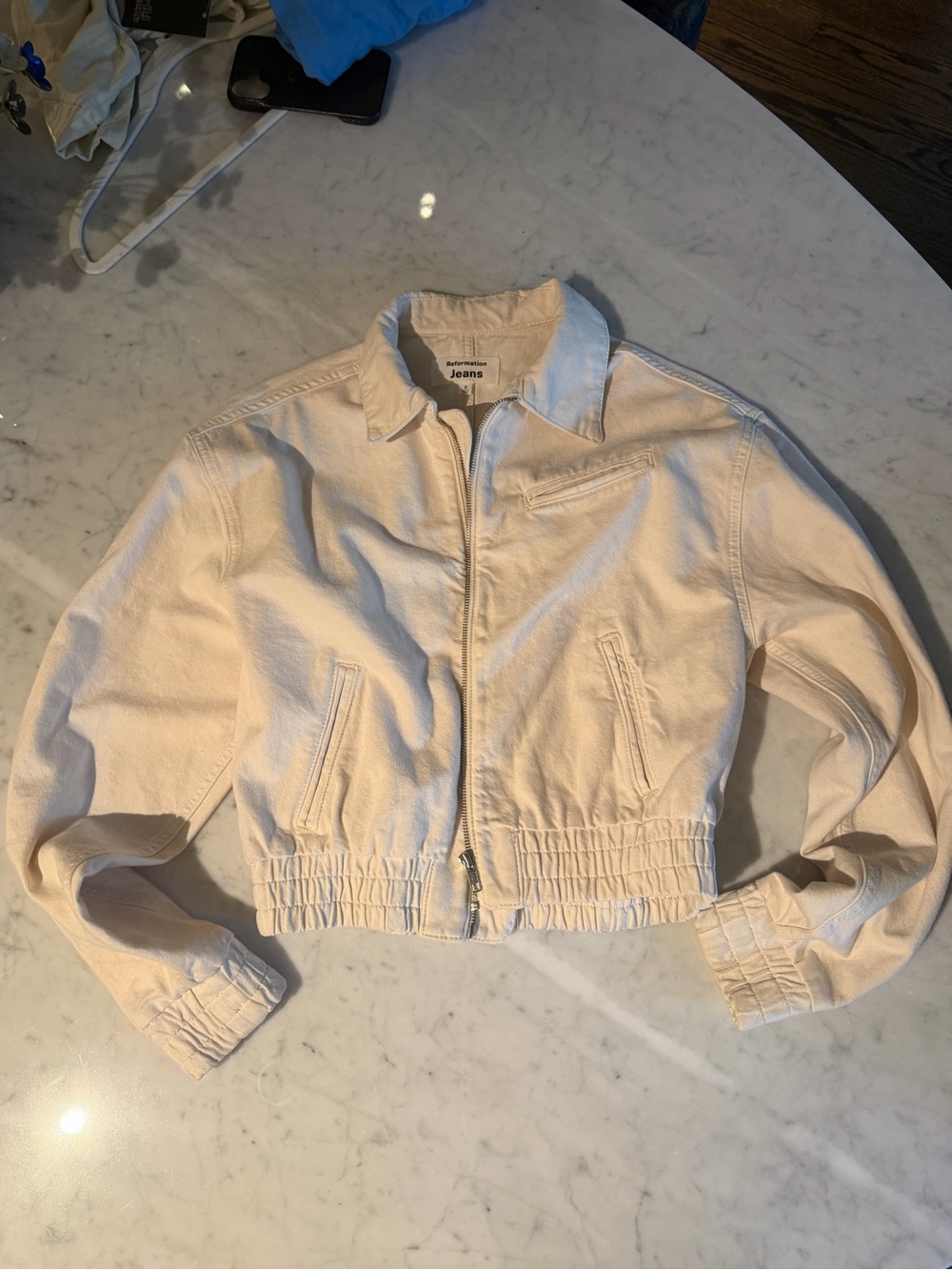Reformation Cream Cropped Zip-Front Jean Jacket